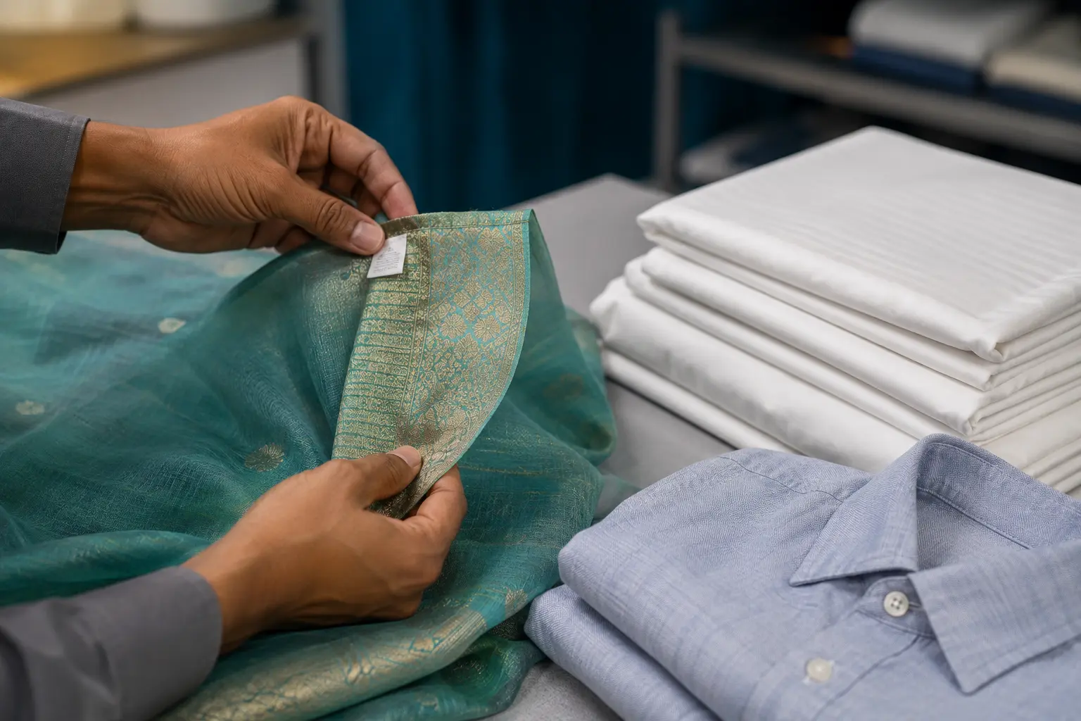 Illustrative close-up of a saree and hospitality linen being inspected before care