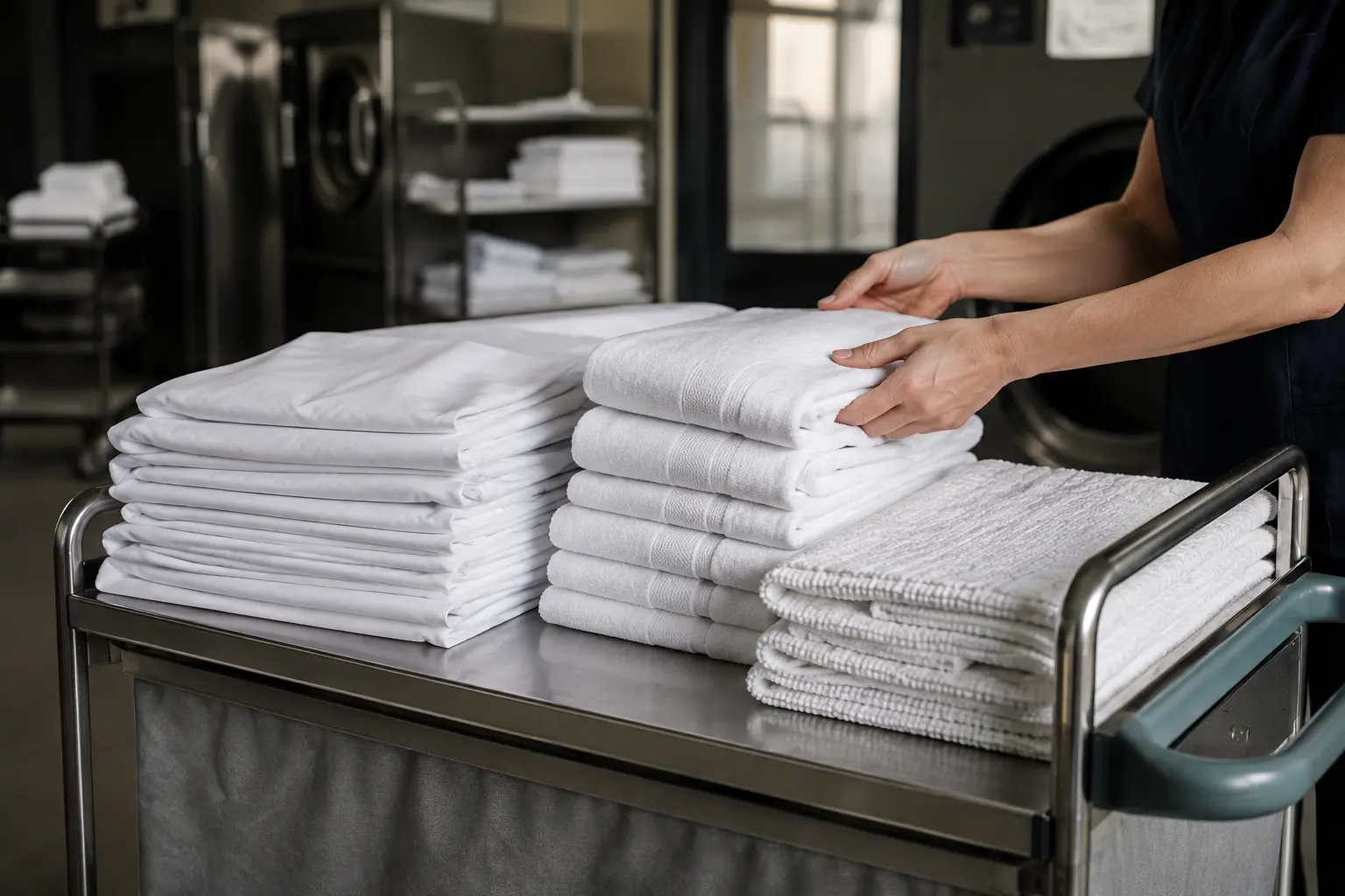 Crisp hotel sheets and towels arranged on a linen trolley