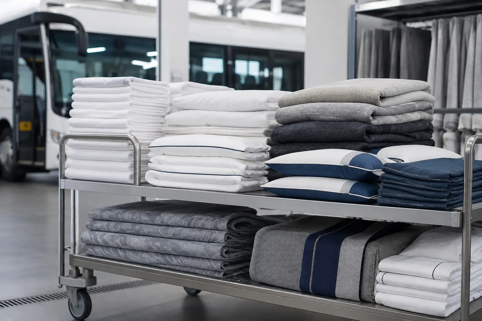 Fresh passenger bedding, blankets and cushion covers staged on a trolley for a transport-linen order