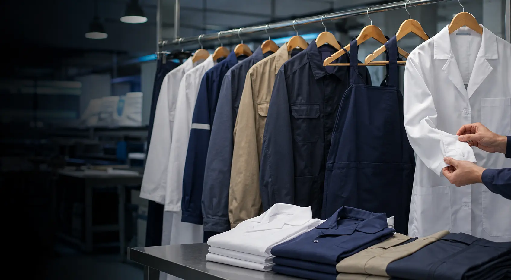 Finished doctor coats, aprons and work uniforms on a garment rail
