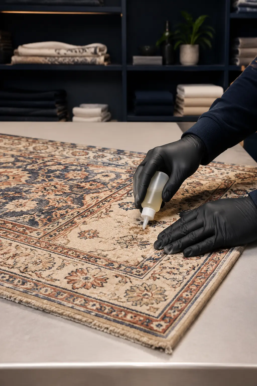 A detached rug being inspected on a fabric-care table