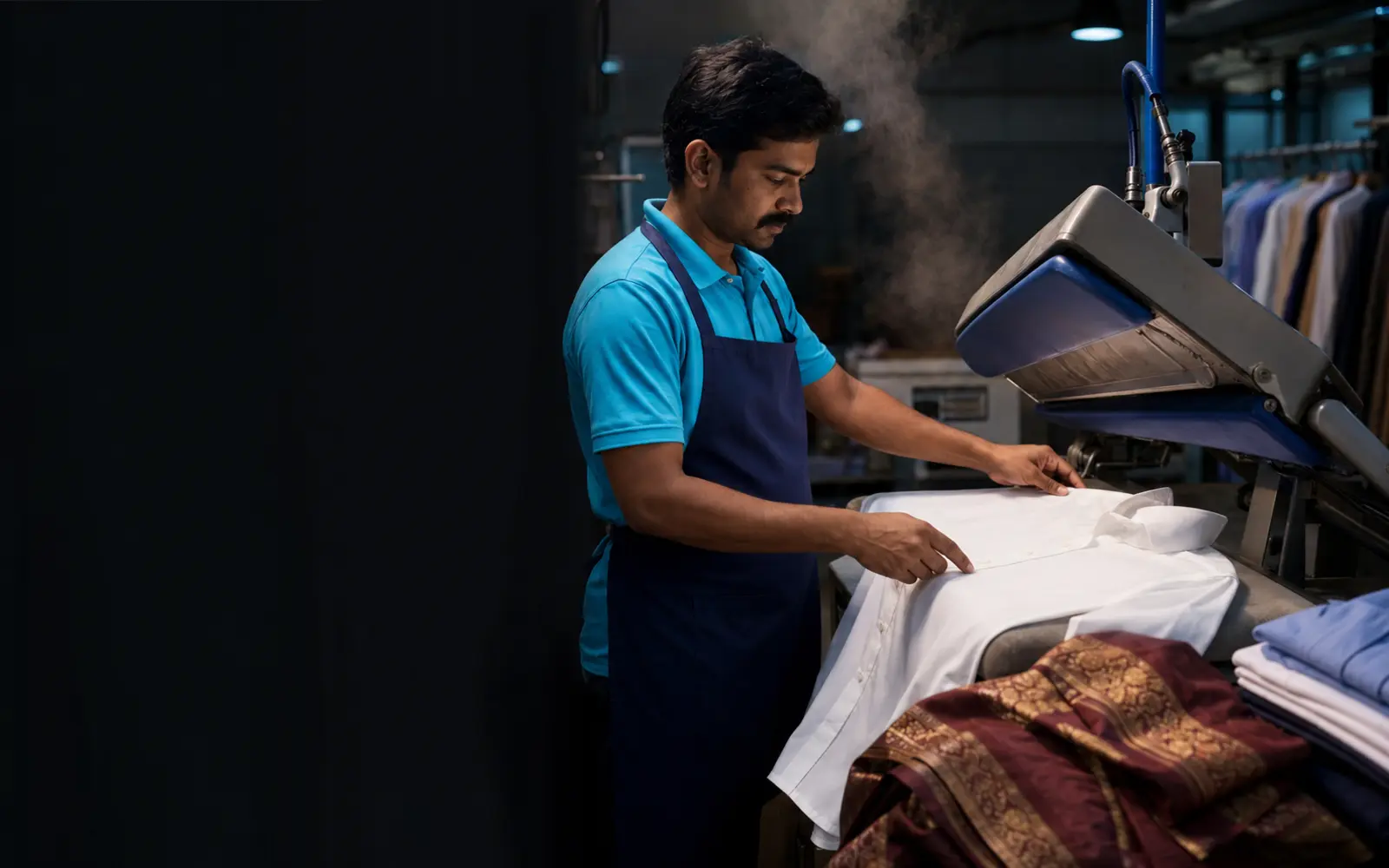A shirt receiving a controlled steam-press finish beside folded garments